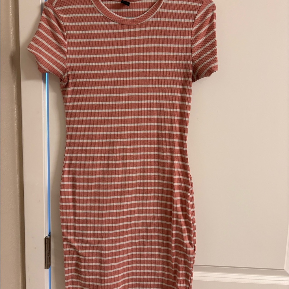 SHEIN Dusty Rose and White Striped Ribbed Midi Dress